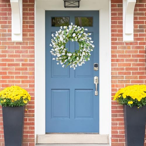 Sggvecsy Spring Summer Wreath for Front Door 22 Inch Artificial White Flower with White Tulips Greenery Leaves Lavender for All Seasons Home Farmhouse Indoor Outdoor Wall Decor