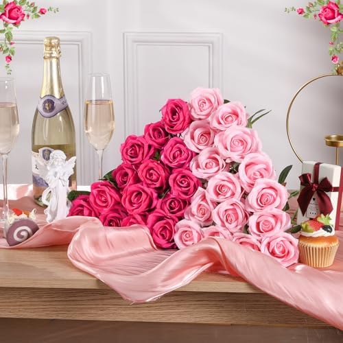 36 Pcs Pink, Hot Pink Artificial Roses with Long Stems