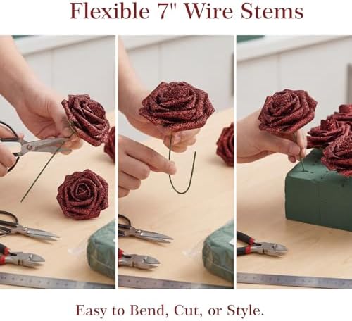 30PCS Red Glitter Artificial Roses with Stems, Real Touch Foam Flowers