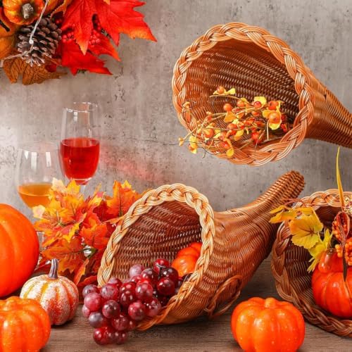 Dandat 12 Pcs Fall Cornucopia Basket Centerpiece 13.78 Inch,Imitation Vine