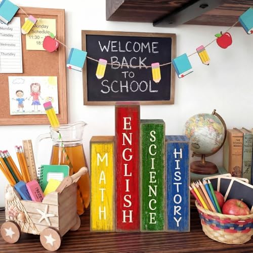 Lineshading 4 Pcs Back To School Table Decorations Subject Wooden Book