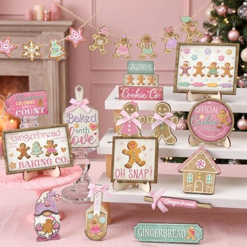 Shellwei 24pcs Pink Christmas Tiered Tray Decor Set Rustic Gingerbread Sign