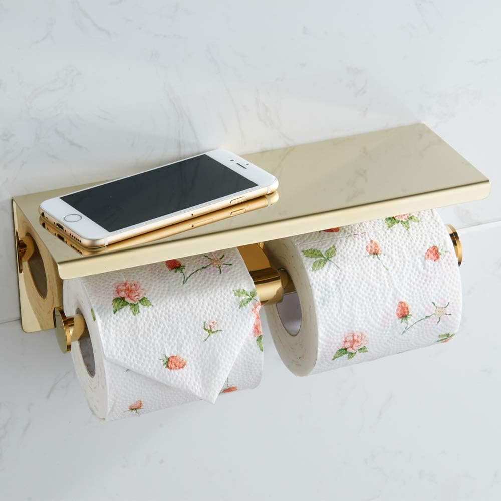 BGL Double Toilet Paper Holder Stainless Steel 304 Wall Mounted Two Heads Roll Tissue Holder with Shelf (Gold)