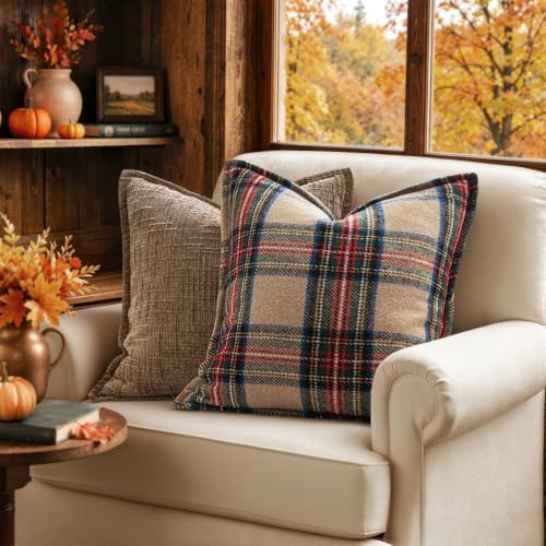 MIULEE Fall Plaid Pillow Covers 20x20 Khaki Fall Decorations for Home
