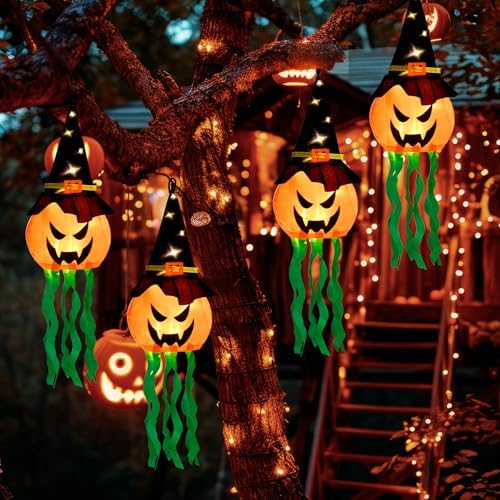4 PCS Hanging Lighted Glowing Pumpkin Witch Hat with 3 Modes Lighted Up