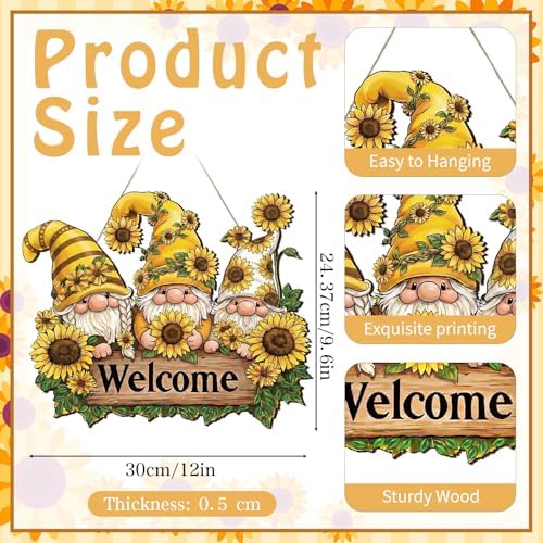 Summer Sunflower Gnome Welcome Door Sign 12'' Rustic Wooden Hanger, Sunflower Wreath Decor for Front Door Porch Wall Home Garden Kitchen