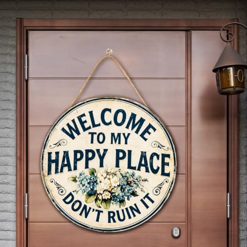 Welcome To My Happy Place Wooden Hanging Sign for House Front Door, Rustic Welcome Sign for Porch Garden Patio Farmhouse