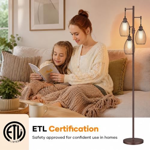 Nintiue Dimmable Floor Lamp,3x800LM LED Bulbs Included, Farmhouse Industrial Floor Lamp Standing Tree Lamp with