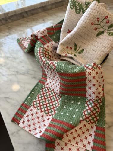 3 Pack|| Double Sided Dish Towels || Waffle Weave Microfiber || Highly Absorbent || Hanging Loop || Dish Cloths || Modern || Designer Prints || Lights (Christmas Quilt)