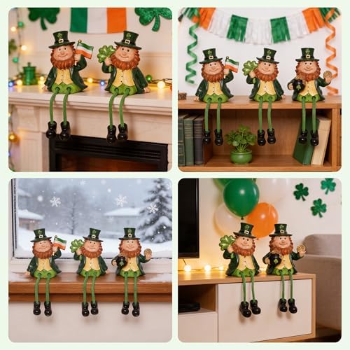 St Patricks Day Decorations Leprechaun Gnomes Small Figurine wit Gold Coins/Luck Shamrock/Irish Flag, St. Patrick's Day Gifts Resin Ornaments Statue for Party Home Table Decoration