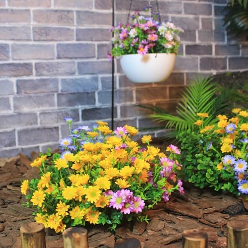 alyptus Artificial Mums for Outdoors 16 Bundles UV Resistant Plants Yellow Faux Sile Daisy Fake Plastic Eucalyptus for Fall Decor
