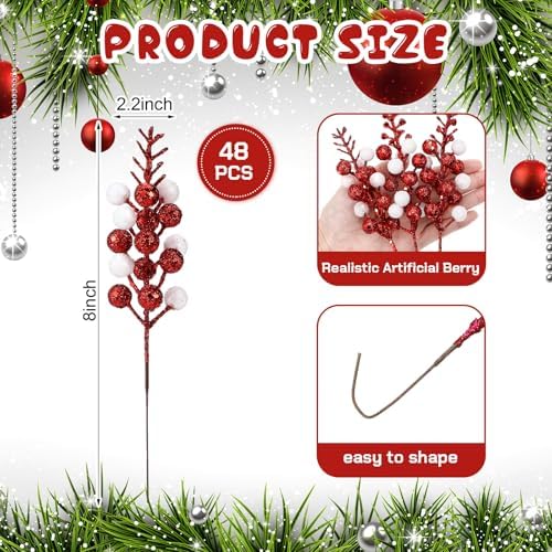 Thiccywoov 48 Pcs Christmas Picks and Sprays Tree Picks, 8 Inch
