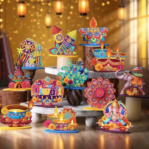 Wesiti 12 Pcs Diwali & Ganesh Chaturthi Decorations Diwali Table Decorations Signs Indian Festival Table Centerpiece with Ganesha Idol, Peacock, Lotus Marigold Tea Lights for Mandap Home Office Decor