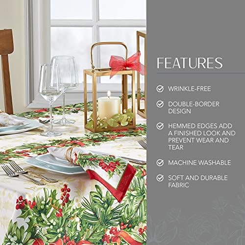 Elrene Home Fashions Holly Traditions Fabric Wrinkle Resistant Holiday Tablecloth, 60" x 144", Oblong, Multi