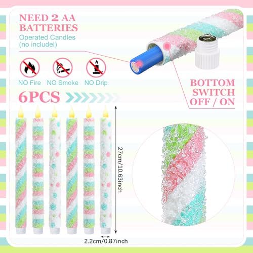 Baquler 6 Pcs Christmas Candyland Theme Flameless Taper Candles 10.6 Inch