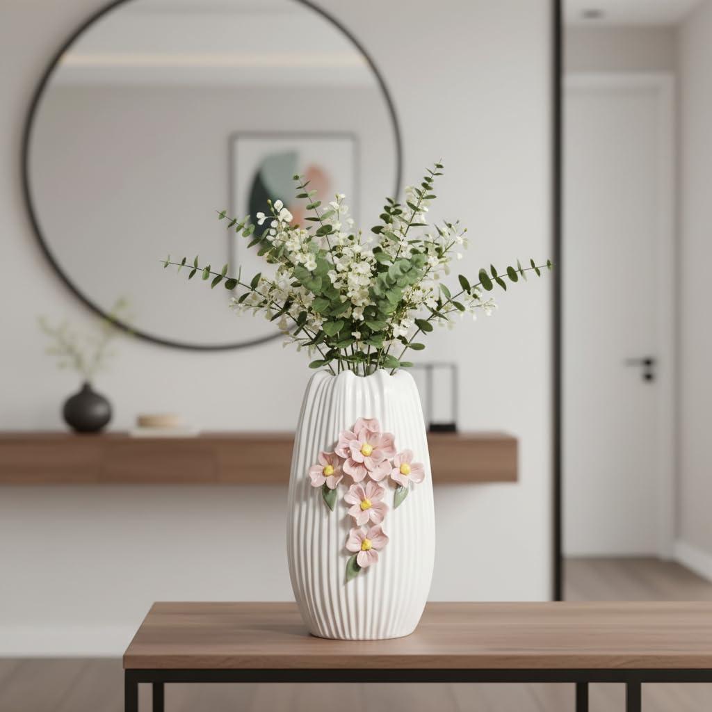 Ceramic Flower Vase / White and Pink / 9 Inch