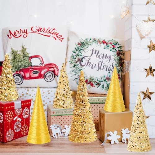 6 Pcs 12" 10" 6" Christmas Cone Tree Decorations Velvet Christmas Silk Gold Glitter Table Decor Farmhouse Flocked Tiered Tray Ornament Xmas Tree for Home Holiday Entryway Tabletop Centerpiece Decor