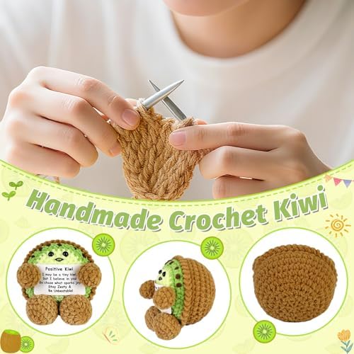 Funny Positive Crochet Kiwi Gift Emotional Support Crochet Fruit with Positive Card for Coworker Family Inspirational Handmade Fall Holiday Birthday Kiwifruit Gifts for Office Home Desk Decor