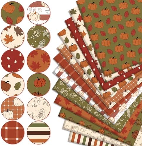 Whaline 12 Pcs Boho Fall Cotton Fabric Bundles Pumpkin Maple Leaf Plaid Fat Quarters Green Brown Thanksgiving Quilting Patchwork for Autumn DIY Sewing Craft Decor, 18 x 22 Inch
