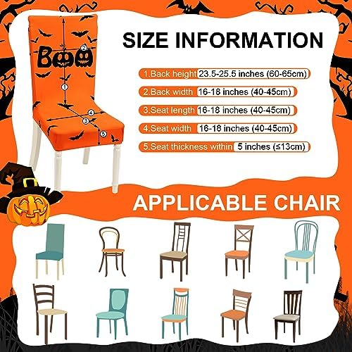 Preboun 8 Pcs 4 Styles Halloween Chair Cover Halloween Dining Chair Slipcover Spooky Chair Back Covers Stretchable Washable Chair Protective Covers for Dining Room Kitchen Office Hotel Seat Decor