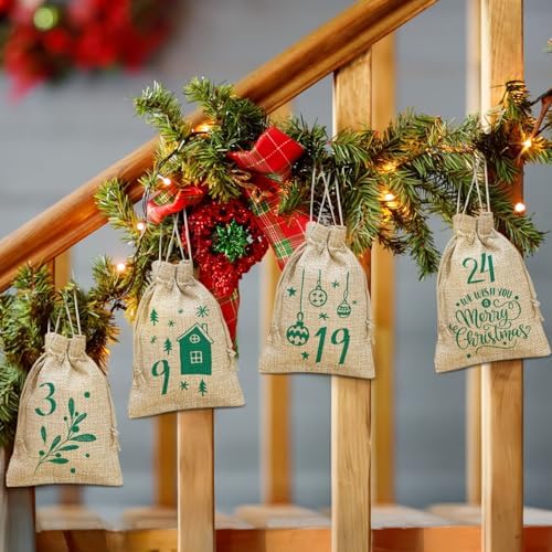 24PCS Christmas Advent Calendar Bags, 3.9x5.9 Inches Christmas Countdown Burlap Bags, Reusable Drawstring Gift Bags for Candy, Snacks, DIY Crafts, Holiday Party Favors