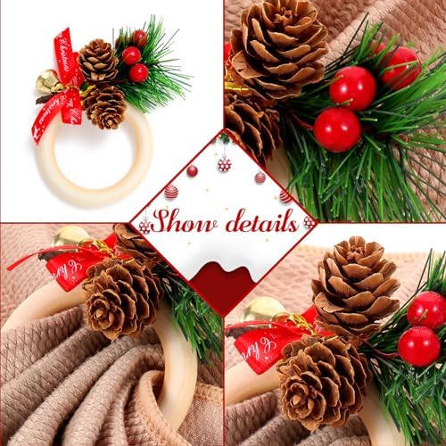 12 Pcs Christmas Napkin Rings Set, Xmas Pine Cones Poinsettia Wooden Napkin Ring Holders,Handmade Rustic Style Napkin Decoration for Christmas Banquet Dinner Wedding Birthday Table Decor