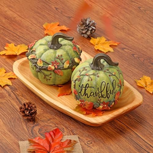 Fall Pumpkin Decor 2Pcs Fake Pumpkins Green Resin Carved Pumpkin Small Decorative Faux Pumpkins Fall Artificial Pumpkins for Home Table Farmhouse Mantel Halloween Thanksgiving Harvest Centerpieces
