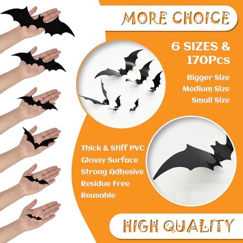 170Pcs 3D Bats Wall Decor, 6 Sizes PVC Bat Stickers Halloween Decorations
