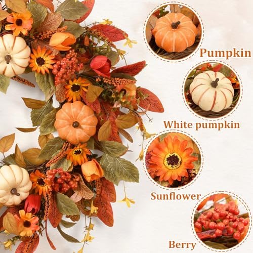 Waipfaru 26" Fall Wreaths for Front Door Outside, Fall Decorations for Home