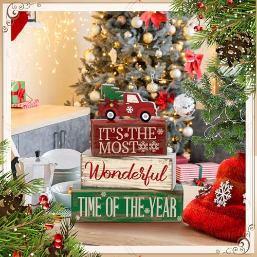 Moucuny 4 Pcs Christmas Red Truck Centerpiece Wooden Block Signs Tabletop