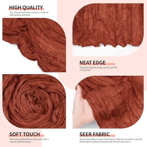 12 Pack Terracotta Cheesecloth Table Runner 10Ft, Christmas Table Runner 21.5 x 120 inch, Burnt Orange Semi Sheer Cheese Cloth Fabric Thanksgiving Runner Bulk for Wedding,Party,Bridal Shower