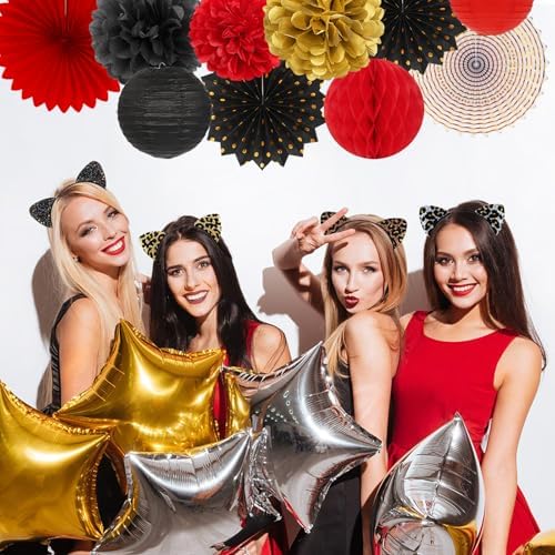 Red-Black Gold Casino Theme Party-Decorations - 20pcs Game Night Paper Lanterns Fans,Tissue Pom Poms,Honeycomb Balls,Bunting,Birthday Graduation Wedding Bridal Baby Shower Decor Burgleda