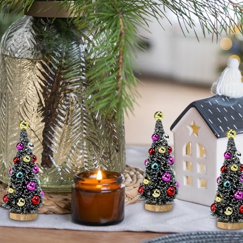 Winlyn 6 Pcs Artificial Mini Christmas Trees 4.3 Inch Frosted Green Bottle Brush Trees with Wood Bases Sisal Trees with White Snow and Ornaments for Winter Christmas Holiday Dollhouse Miniature Décor