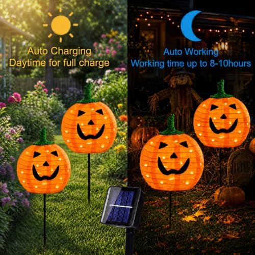 Solar Halloween Pumpkin Lights, 2 Pack Outdoor Pathway Stake Lights