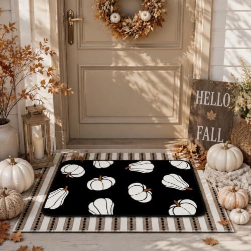 Tinideya 2 Pcs Halloween Layered Doormat Set, Neutral Pumpkin Outdoor Front Door Mat with Striped Layering Rug, Non Slip Fall Halloween Porch Entryway Outside Decor