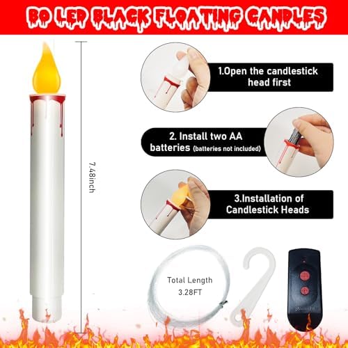 Floating Candles with Remote, 10 PCs Hanging Candles, Flickering Warm Light Flameless Floating LED Candle, Battery Operated Window Taper Candle Set for Halloween Home Party Decoration-White