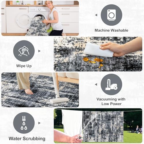 PLHXFR Area Rug Living Room: 4x6 Abstract Washable Carpet Black Gold