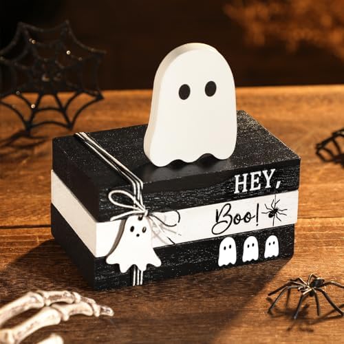 GlikCeil 4 Pcs Halloween Ghost Table Decorations Spooky Wooden Signs,White
