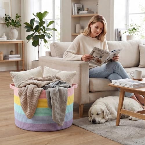 115L Large Blanket Basket,Rope Woven Laundry Basket-Colorful