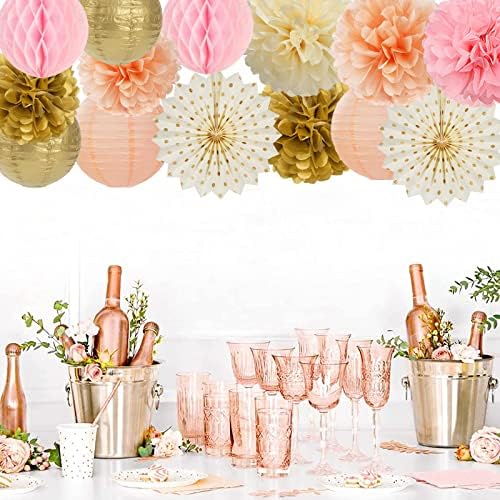 Pink Peach Gold Party Decorations - 14pcs Bridal Baby Shower Girls Birthday Paper Lanterns Fan,Tissue Pom Poms Streamers,Honeycomb Balls,Engagement Wedding Bachelorette Brunch Decor Lasting Surprise