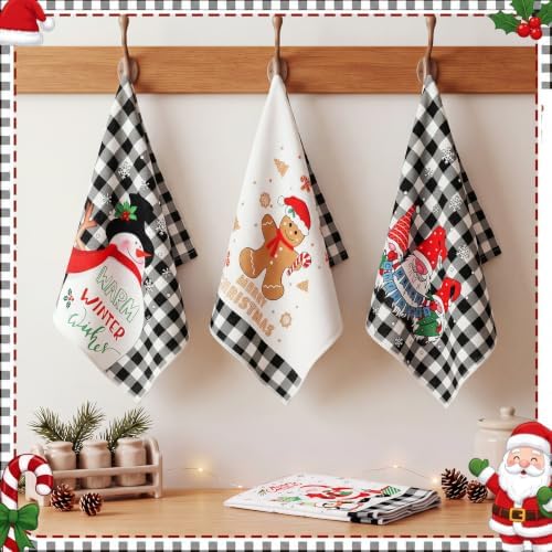Bencailor 6 Pcs Christmas Kitchen Towel, Black Plaid, Cartoon Christmas