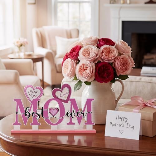 Smile Happy Mother's day Indoor Decorations Wooden Decor Table Centerpiece Thank You Mom Wooden Plaque Ornaments for Home Kitchen