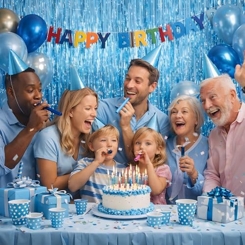 Pool Party Decorations - Blue Tinsel Streamers Backdrop Banner | Summer Party Favors Supplies Indoor Outdoor - Ocean Themed Party Decorations for Beach Sea Water Blue Birthday,2 Pack