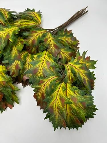 12pcs Artificial Oak Tree Branch Faux Eiche Leaf Stem Three Forks per piece for Greenery Wall Floral Decoration (Yellow Green)