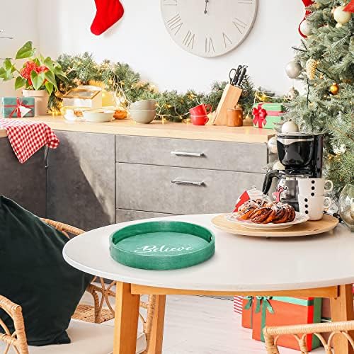 Elegant Designs HG2013-GBL Christmas Decorative 13.75'' Round Wood Serving Tray w/Handles, Green Believe