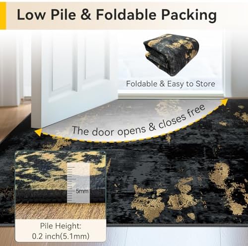 RELEANY Washable 2'x3' Abstract Area Rug for Living Room Black Gold