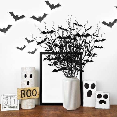Sggvecsy 15 Pcs Artificial Halloween Glitter Stem with Black Bats Faux Picks Curly Willow Branches Decorative Glitter Sticks Twigs for Halloween DIY Crafts Festival Home Decoration