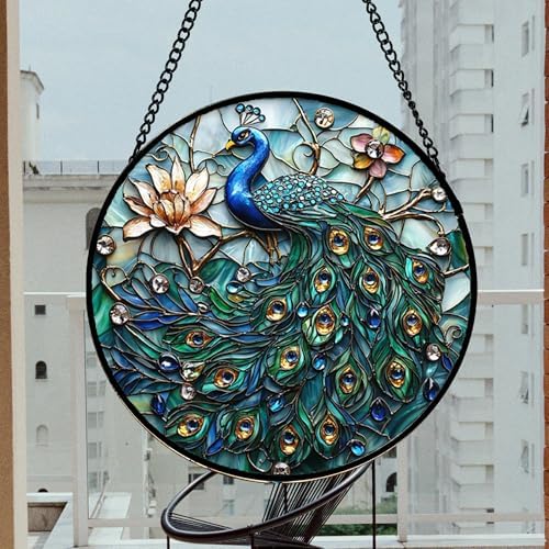 Peacock and Lotus Stained Glass Window Hanging Suncatcher Gifts Decor 15"