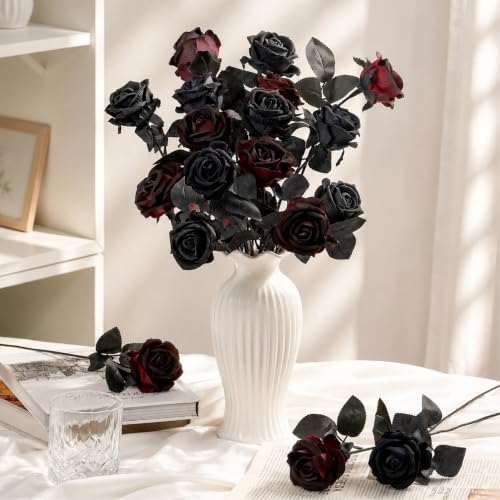 Auihiay 60Pcs Black Artificial Roses, Faux Halloween Flowers, Balck Roses