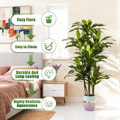 5ft Dracaena Artificial Plant - Large Tropical Indoor Fake Tree with Lifelike Leaves - Tall Faux Floor Plant in Pot for